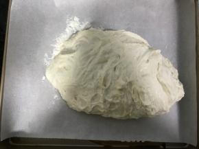 烘焙油纸撒上面粉，倒入面团，用刮刀稍微整理一下形状 这款包子含水量很大，发酵好后不需要倒出来排气，直接整形就可以了