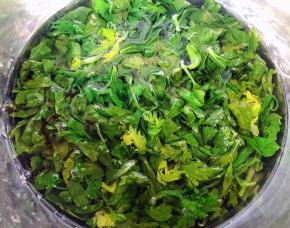 芹菜叶摘好洗净放入开水中焯水断生即可立即捞出放入冷水中过凉后沥干水份