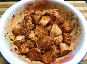 4.把调料放入切好的鸡块里拌匀，腌制1小时左右