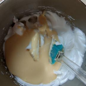 用刮刀取三分之一的蛋白霜放入蛋黄糊中，切拌均匀，切记不可画圈搅拌，以免消泡，蛋糕长不高。
把搅拌均匀的蛋糕糊倒入剩下蛋白霜中，切拌均匀，动作尽量要快