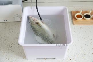 把鱼洗干净，尤其是肚子里的黑膜，会让鱼变腥，我用优食的净食机清洗，手不沾水，只要几分钟就可以把里面的脏东西清洗干净。