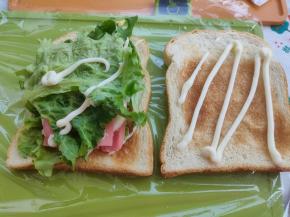 接着铺上鸡蛋片，喜欢色拉酱再挤上一点，喜欢番茄酱也可以加点，再铺上香肠片、生菜。