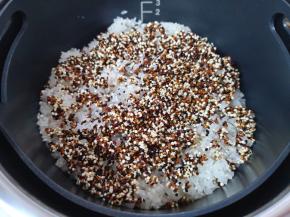 先将脱糖电饭煲的甑底垫放入滤糖甑中底部，然后将大米淘洗干净，放入带有甑底垫的滤糖甑里面电饭煲内胆里面，再放入泡好的三色藜麦。