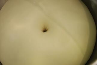 当面团发酵至2倍大时，手沾面粉，插入面团，不塌陷不回缩即发酵好了。