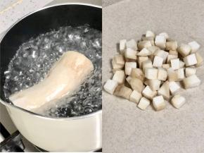 杏鲍菇先用开水焯30秒，捞出来也切成小丁。