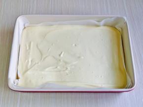 烤盘中垫一张油纸，再倒入蛋糕糊，刮平整。