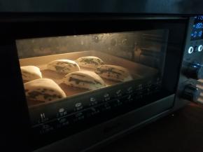 放入已经预热到上火175度，下火180度的东菱烤箱中下层，烘烤15-18分钟，各家烤箱脾气不同，温度仅供参考，最后两三分钟留意上色情况。烘烤结束，戴上隔热手套，把烤盘取出，刚烤好是外脆里软，完全放凉后，整个烤饼是软的。如果你喜欢吃表面香脆的，可以在吃的时候复烤，或者用锅烙一下再吃