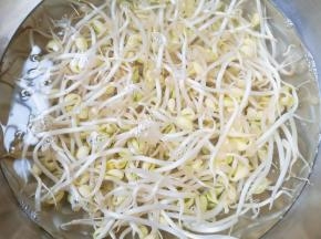 黄豆芽用水浸泡一下，捡去里面的豆子皮，清洗干净。