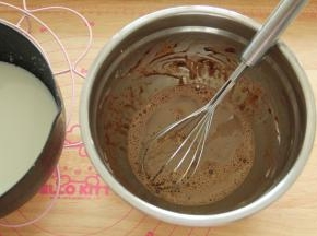 沸腾后离火。另取一个干净的盆，放入5克可可粉、玉米淀粉、鸡蛋，用蛋抽快速搅打均匀。然后立刻将刚刚煮沸的牛奶倒入一半，边倒边搅拌。