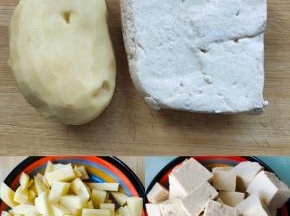 土豆打皮洗净后，土豆、豆腐切成小块，清水冲洗！