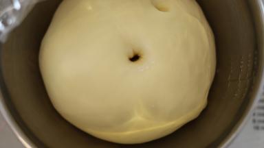 当面团发酵至2倍大时，手沾面粉，插入面团，不塌陷不回缩即发酵好了。