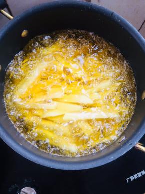 锅烧热倒入适量的油烧至七成热，放入土豆条，中小火慢炸！