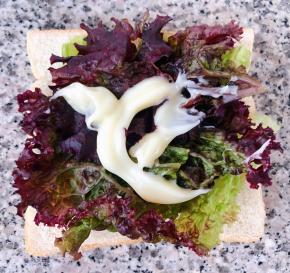 取一片吐司摆上生菜淋上沙拉酱