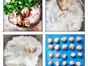 1⃣ 鲜肉馅的制作。把猪肉馅及白砂糖、生抽、料酒、香葱、盐所有调味料倒入大碗里。用筷子不断的搅拌肉馅，直到肉馅出现粘性。拌好的肉馅备用！
2⃣ 将水油皮面团的所有配料混合揉成光滑的面团，做到三光就可以，盆光、手光、面团光（不需要揉出手套膜）！