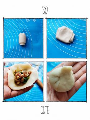 4⃣ 水油皮和油酥各分成20等份。取一份水油皮擀开包住一份油酥后搓圆！擀开后卷起来，转90°后再次擀开，在卷起来，如果擀的时候破酥是不影响的，有点粘的话，抹点手粉！
5⃣ 盖上保鲜膜松弛30分钟，取一块饼皮擀开，擀开后包住适量的馅料，收口向下搓圆！摆在烤盘上！