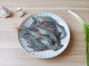 新鲜的罗氏虾薄薄的外壳通透闪亮，挥舞着靓蓝色的爪子。