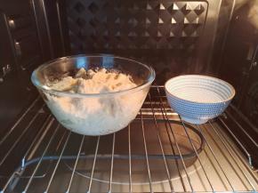 面团放入盘里，放烤箱发酵至两倍大【旁边碗里可加入一点热水，增加湿度。】