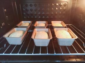 发酵好的面团手揉至排气，再分成6个小面团放入模具里面，放烤箱2次发酵至两倍大。