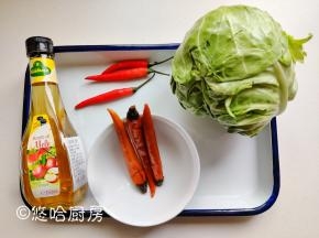 泡菜的材料很简单，主料就是大头菜，也叫包菜，红椒可以用小米辣，不能吃辣的就用泡椒，这种泡椒（自己腌制的）辣味很轻。醋用了苹果醋，酸甜的口感。