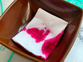 红色素加一点水，放入几张裁成小张的厨房纸。