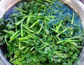 锅中烧开水放入茼蒿烫一下立刻捞出放入冷水中过凉沥干水份