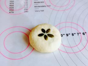 揉圆后用掌心轻轻按扁，再放上5粒南瓜仁，如图所示。