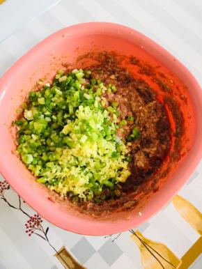 把切好的葱姜末放入肉馅中，搅拌均匀！（姜和肉是黄金搭档，有肉必有姜！）