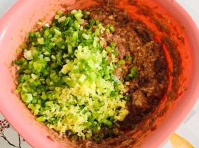 把切好的葱姜末放入肉馅中，搅拌均匀！（姜和肉是黄金搭档，有肉必有姜！）