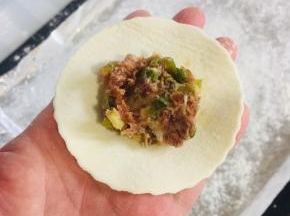 取一块饺子皮，放入一勺茄子猪肉馅儿！