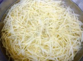 焯好水的土豆丝立即放入冷水中过凉冲洗干净沥干水份