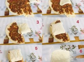 按照图片上的步骤把面片对折起来，然后封口整理一下面团！