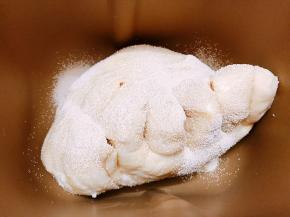 面团放入面包机里加入干酵母，启动揉面30分钟