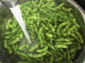 煮好的毛豆捞出来沥干水份，迅速放在水龙头下冲洗几遍，直到毛豆彻底变凉即可！



