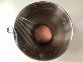 把揉好的面团盖好保鲜膜，放在25～28度的温暖处进行一发，夏天室温发酵即可。