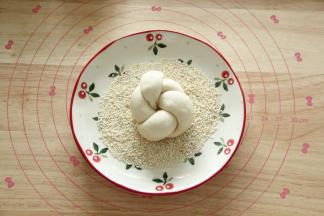 蘸过红糖水，接着蘸白芝麻（生、熟芝麻都可以，我用的白芝麻），动作轻柔一些。然后排入烤盘。