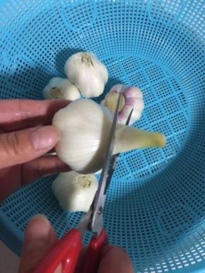 去掉蒜梗！当然你如果喜欢吃蒜梗也可以不剪！（一定要浸泡好捞出来再剪哦，要不然水会进到蒜瓣里面去！）



