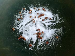 锅内放入食盐、花椒粒，小火翻炒。