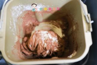 高筋面粉150g 黑麦粉20g 肉松20g 黄油20g 酵母2g 牛奶130g 可可粉10g 糖20g 盐1g 全部放入面包机揉二十分钟成团，可以牛奶预留5g看情况加，夏天一定要全部用冰牛奶，黄油用冷冻黄油，手揉一定要快速夏天手温高容易提高发酵