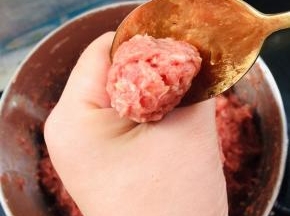 在虎口处把肉馅往出挤，用勺子把肉丸挖出来！