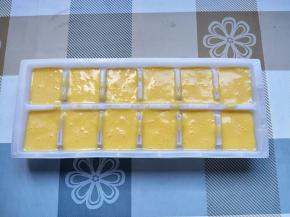 然后挤在冰格中。一共做了20个冰块，放冰箱冷冻过夜。