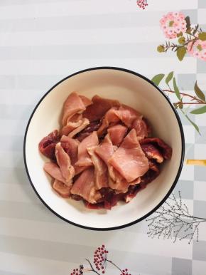 里脊肉洗净切成1元硬币厚度的的大片备用！