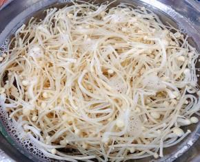 金针菇去蒂摘好洗净锅中烧开水放入金针菇焯水断生后加立即放入冷水中过凉沥干水份