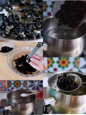 黑木耳提前一小时温水泡发，去掉带泥沙的蒂部，反复搓洗几遍，直到水变为清透的即可。
水沸后，加一克盐，黑木耳入锅焯烫至再次沸腾，捞出，控水备用。