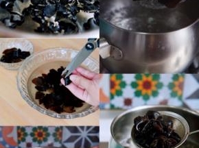 黑木耳提前一小时温水泡发，去掉带泥沙的蒂部，反复搓洗几遍，直到水变为清透的即可。
水沸后，加一克盐，黑木耳入锅焯烫至再次沸腾，捞出，控水备用。