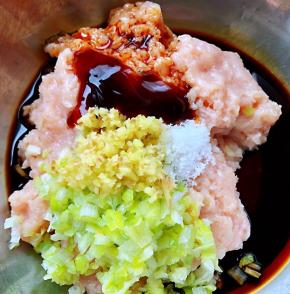 鸡胸脯肉剁成泥葱姜切粒放入容器中再放入一品鲜酱油、蚝油、糖、盐、味精