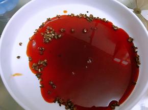 深盘里加入家乐辣卤汁包，还配有一包青花椒也放进去，加入400克纯净水搅拌均匀。辣卤汁就完成了