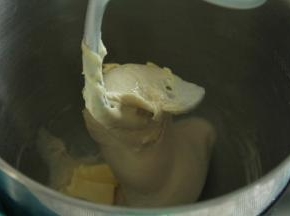 步骤9、将面团揉到光滑，扯开厚膜的状态，加入软化好的黄油，转低速让黄油和面团打到混合，再转高速揉面。