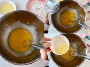 鸡蛋打散，加入细砂糖拌匀，然后再加入玉米油、清水和牛奶，拌匀。先后顺序并不重要，拌匀即可。