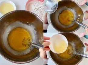 鸡蛋打散，加入细砂糖拌匀，然后再加入玉米油、清水和牛奶，拌匀。先后顺序并不重要，拌匀即可。