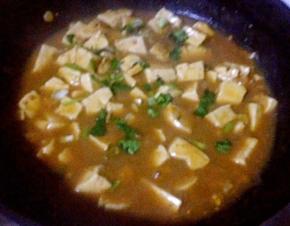 豆腐完全炖熟放入盐和味精调味最后撒上香菜提鲜即可出锅享用